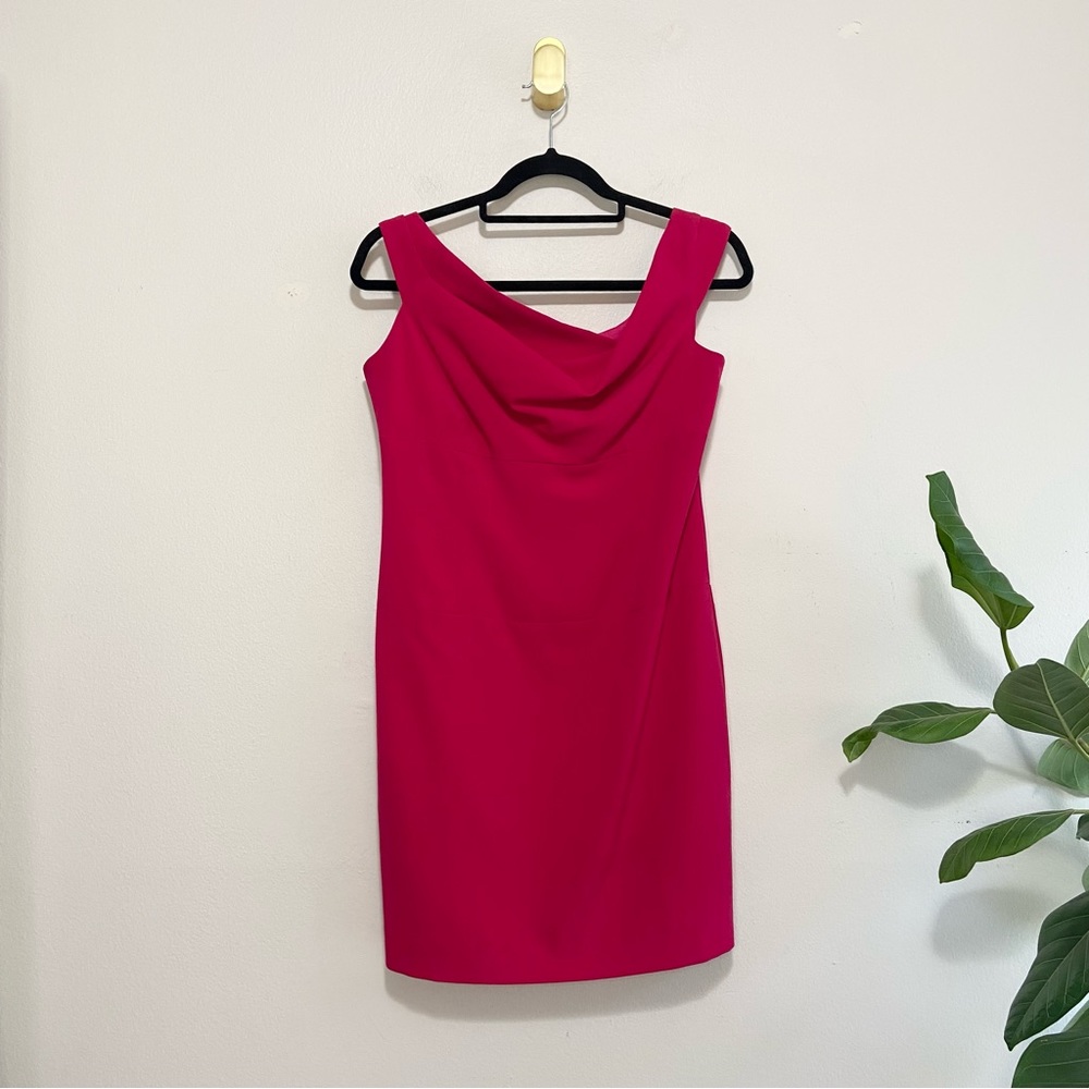 Black Halo Jackie O Hot Pink Sleeveless Tailored Drape Cowl Neck Sheath Dress